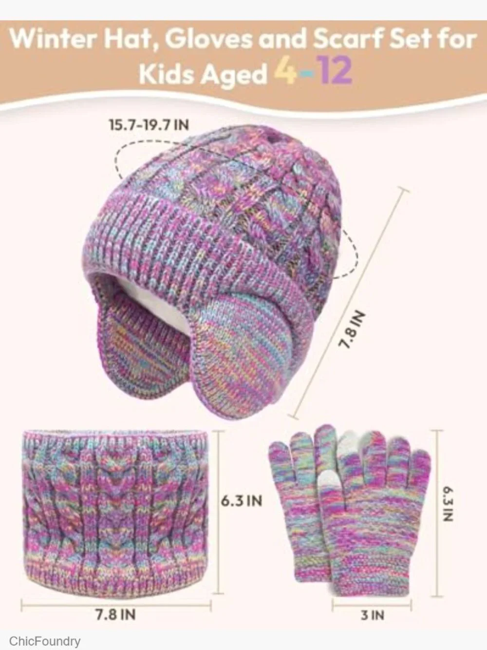 Kids Winter Hat Gloves Scarf Set Knit Beanie with Earflaps Mittens Neck Gaiter